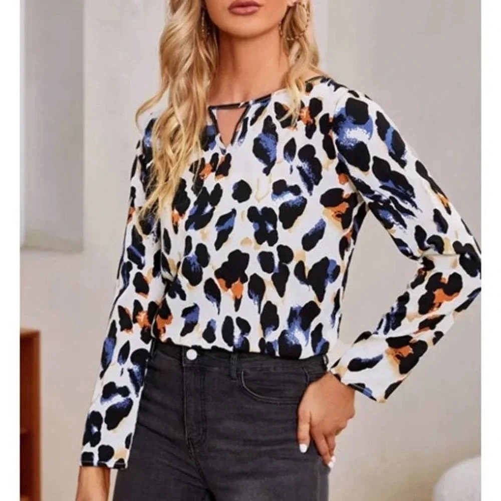 SHEIN Women's Leopard Print Keyhole Neck Long Sleeve Blouse XL